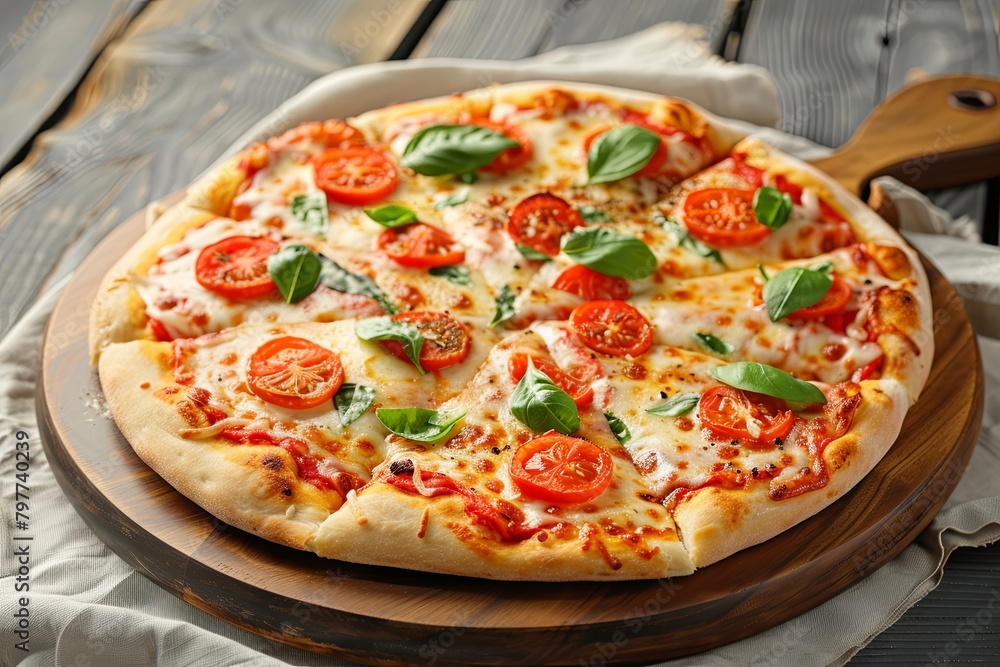 Delicious Italian Traditional-Style Pizza with Cheesy Toppings on Rustic Wooden Board