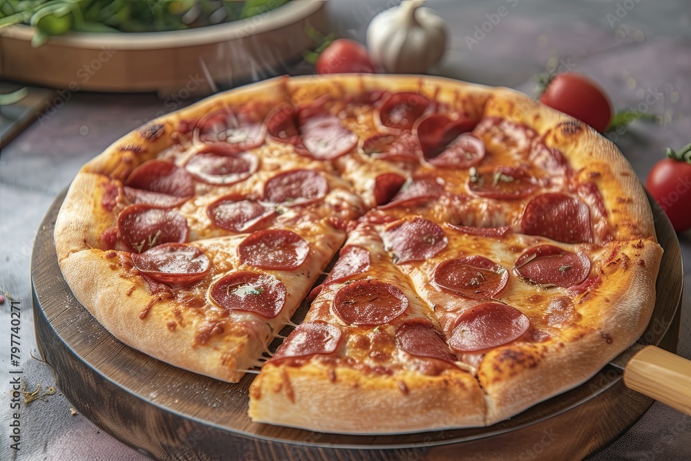 Pepperoni Pizza Perfection: Freshly Baked Slice on Wooden Board