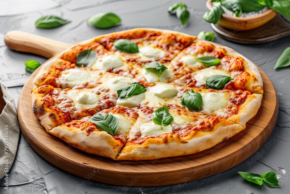 Stretchy Mozzarella and Basil Freshly Baked Pizza on Wooden Dinner Board