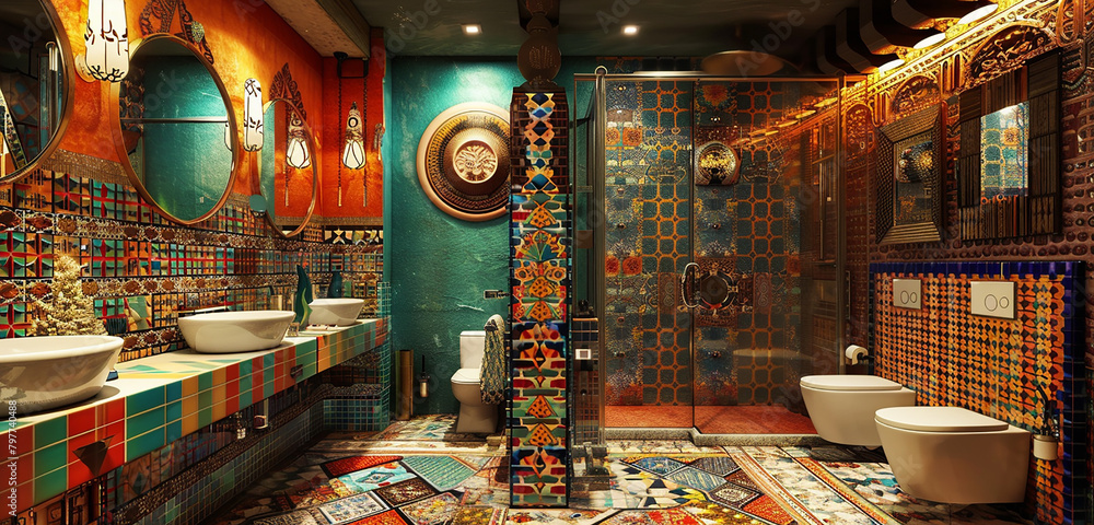 A bohemian-inspired washroom with eclectic patterns and vibrant colors.