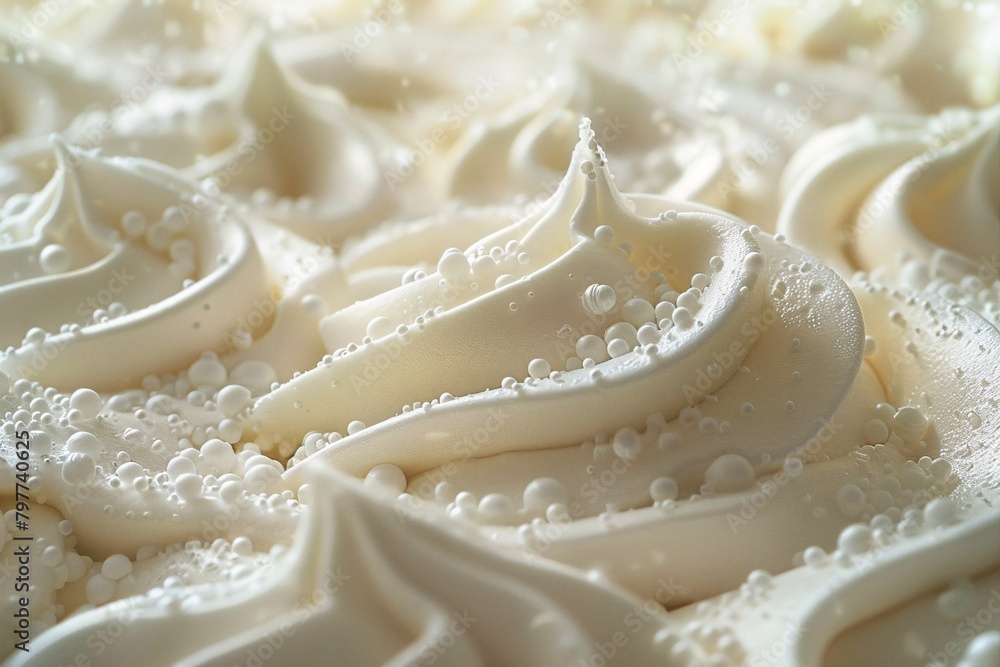 Close-up of white meringue peaks dotted with tiny water droplets, highlighting their glossy texture and intricate shapes. Close-up of white meringue peaks dotted with tiny water droplets, highlighting their glossy texture and intricate shapes.