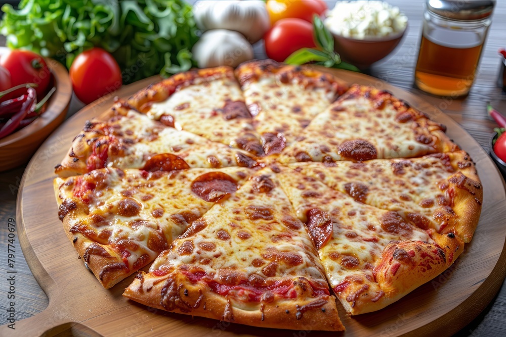 Cheesy Pizza Experience: Freshly Baked with Hot Tasty Meal, Fresh Ingredients on Wooden Board