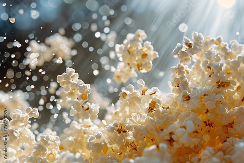 Popcorn kernels popping dramatically, highlighted by beams of sunlight, with visible motion blur on flying popcorn and small particles.