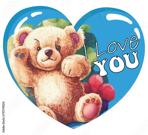 Blue heart with teddy bear peluche - written I love you - gradient background - ideal graphics for valentine's Day, birthday card, sublimation, cricut, key ring, stickers, scrapbooking
