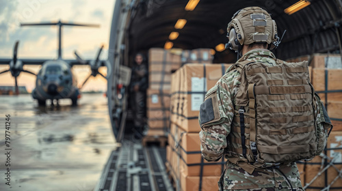 A soldier in camouflage gear overlooks cargo being loaded into an aircraft on a military base. photo