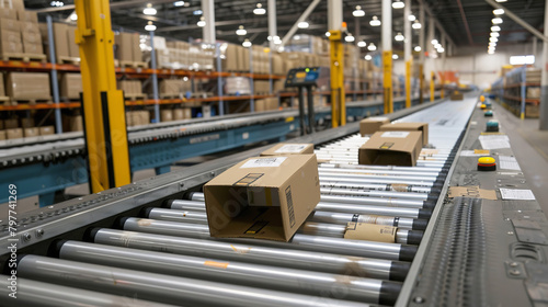 several cardboard box packages along a conveyor belt in a warehouse fulfillment center
