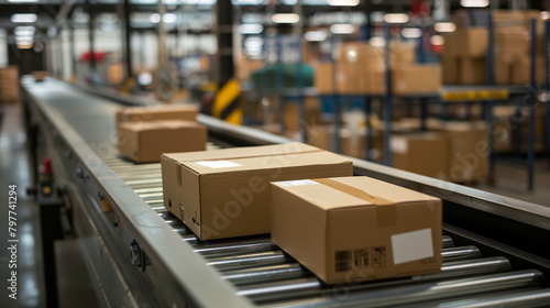 several cardboard box packages along a conveyor belt in a warehouse fulfillment center © Nate