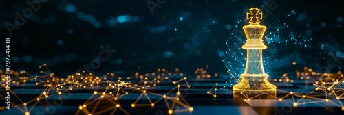 Technology in gaming, digital yellow  low poly king chess pieces with glowing data streams, AI in strategic decision-making systems, leadership in business, market analysis, risk assessment. high-tech