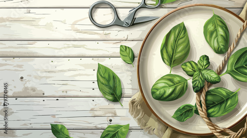 Plate with fresh basil leaves rope and scissors on li