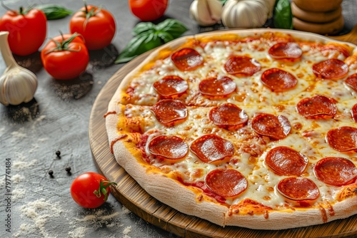 Freshly Baked Pepperoni Pizza on Rustic Wooden Board | Hot, Tasty Italian Dinner with Cheesy, Fresh Ingredients