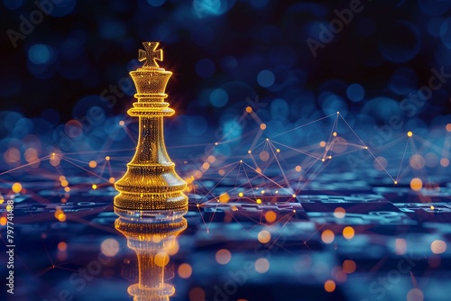 Technology in gaming  digital yellow  low poly king chess pieces with glowing data streams  AI in strategic decision-making systems  leadership in business  market analysis  risk assessment. high-tech