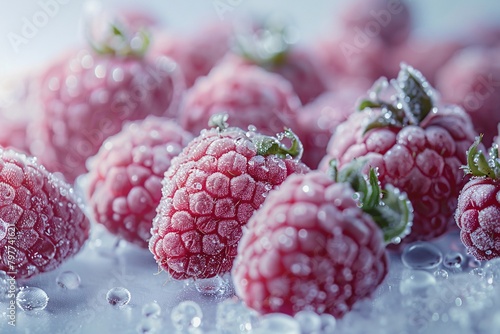 Close-up of fresh raspberries with sparkling water droplets, highlighting their detailed texture and vibrant red color.