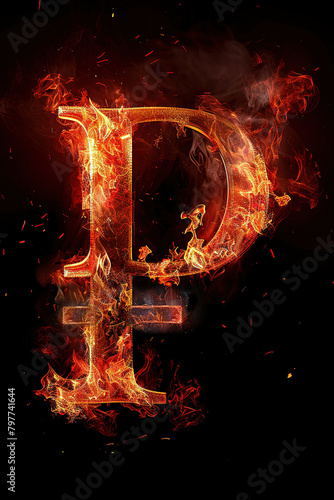 Burning ruble symbol on black background. Concept of financial crisis and Russian-related sanctions