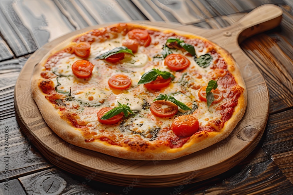 Cheesy and Tasty Pizza Delight on Rustic Wooden Board � Traditional Pizza Dinner Presentation Cheesy and Tasty Pizza Delight on Rustic Wooden Board � Traditional Pizza Dinner Presentation