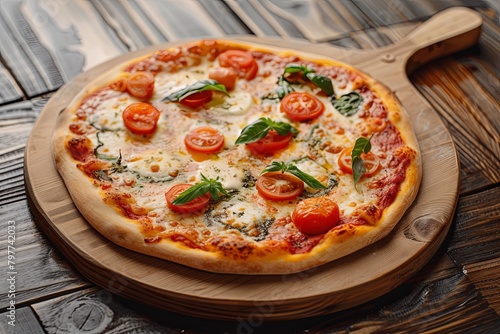Cheesy and Tasty Pizza Delight on Rustic Wooden Board � Traditional Pizza Dinner Presentation