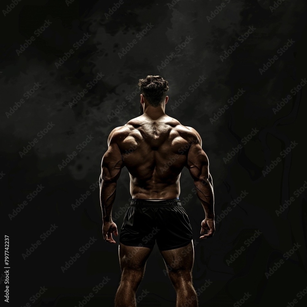 Fototapeta premium Barechested bodybuilder showcasing muscular chest and thighs in event darkness