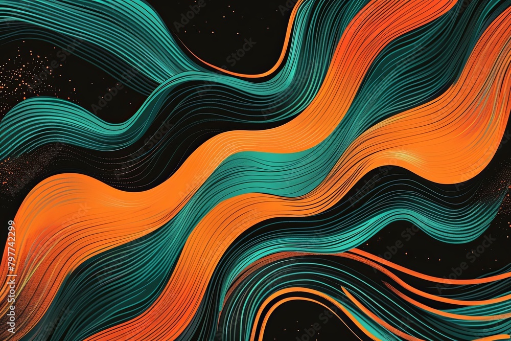 Funky 90s Retro Psychedelic Wave Illustration in Orange and Teal on Black Background Funky 90s Retro Psychedelic Wave Illustration in Orange and Teal on Black Background