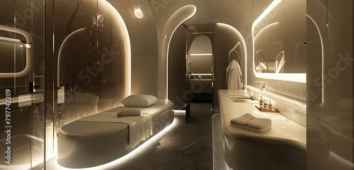 A futuristic spa washroom with state-of-the-art amenities and sleek design.