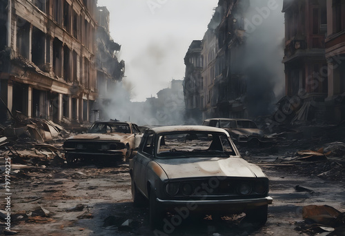 Dystopian Ruins: Abandoned Cars and Collapsed Buildings in a Smoke-Filled City Environment