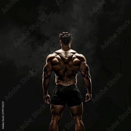 Barechested bodybuilder showcasing muscular chest and thighs in event darkness