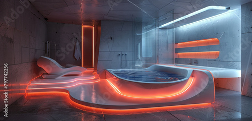 A futuristic spa washroom with chromotherapy lighting and hydrotherapy tub.