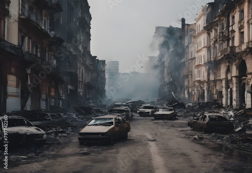 Post-Apocalyptic Cityscape: Desolate Urban Street with Abandoned Vehicles and Ruins
