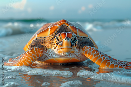 Sea turtle on the beach, sunset, cinematic wildlife photo