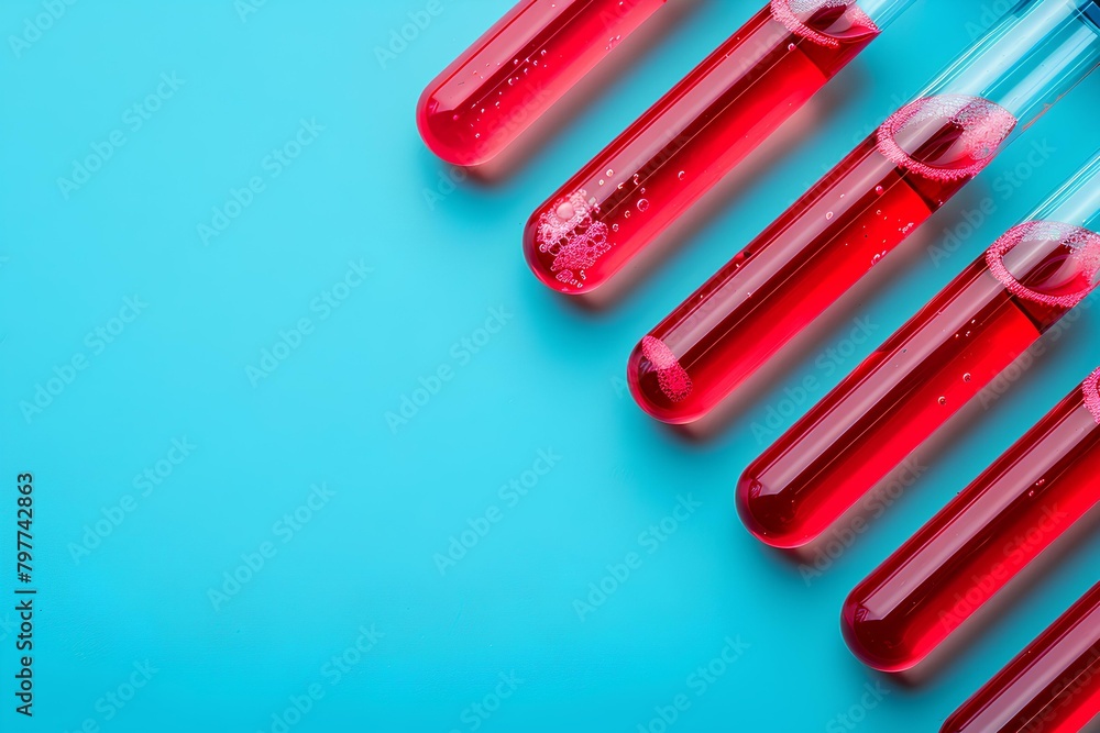 A row of red tubes filled with liquid on a blue background with a blue background behind them and a A row of red tubes filled with liquid on a blue background with a blue background behind them and a