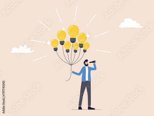 A visionary businessman holds a light bulb balloon and binoculars,symbolizing inspiration and wisdom