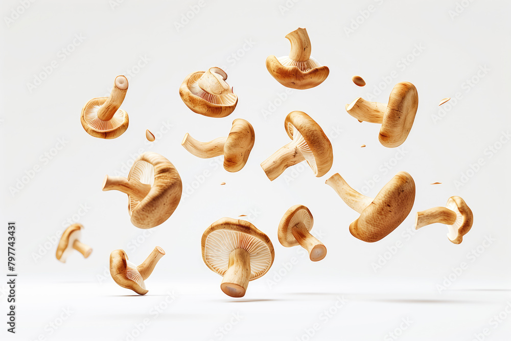 Obraz premium Sliced ​​shiitake mushrooms float in the air on a white background.