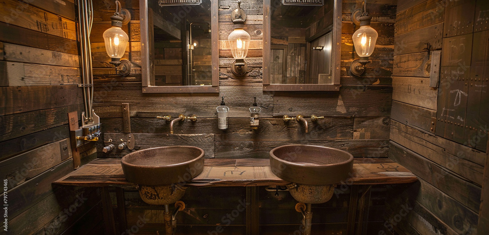 A rustic-chic washroom with reclaimed wood accents and vintage fixtures.