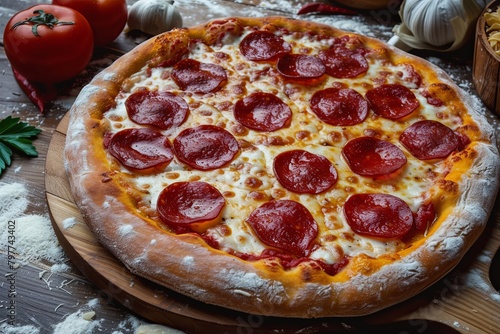 Cheesy Pepperoni Pizza Freshly Baked on Wooden Board - Traditional Tasty Eatery Experience