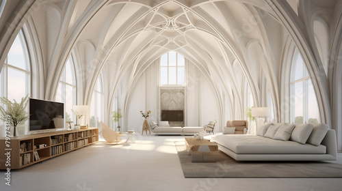 Illustration of a large country house, a modern house in a minimalist style, a large hall with vaulted ceilings, and large windows. Unusual interior,