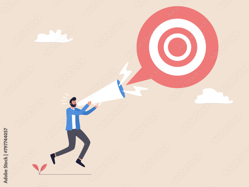 Man Shouting at Arrow Target with Loudspeaker: Goal Announcement Man Shouting at Arrow Target with Loudspeaker: Goal Announcement