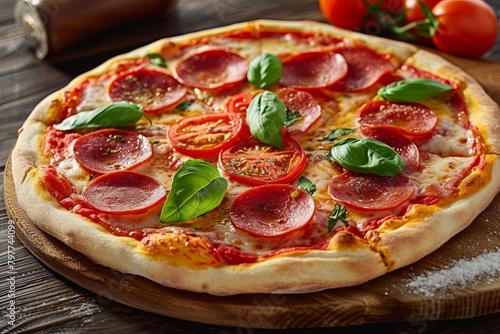 Pepperoni Pizza with Tomato and Basil Topping on Rustic Board - Freshly Baked and Delicious Vegetable Composition