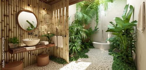 A tropical paradise washroom with lush greenery and bamboo accents.