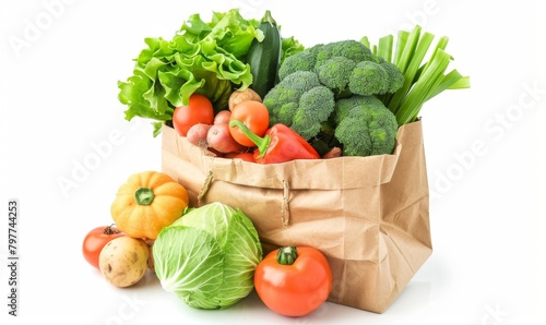 Brown paper bag full of colorful vegetables on a white background.