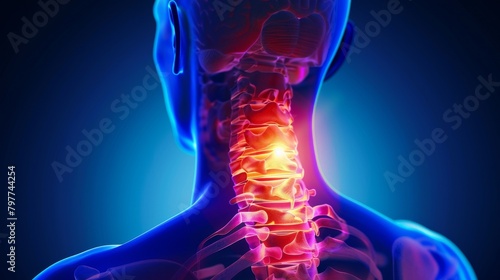 Neck pain, illustration of cervical spine skeleton x-ray, medical concept.