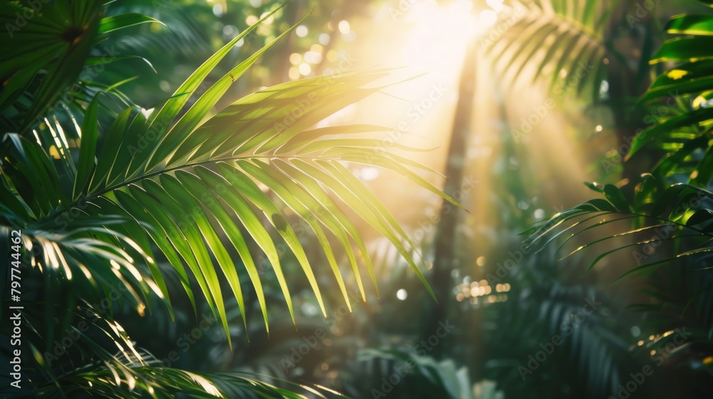 Warm sunlight shines through between lush tropical palm leaves. Copy space image.