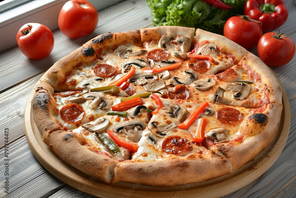 Fresh Vegetable Toppings Pizza: Cheesy Delight on Wooden Presentation