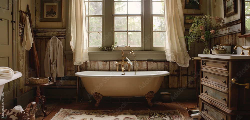 A vintage-inspired washroom with clawfoot tub and antique brass fixtures.