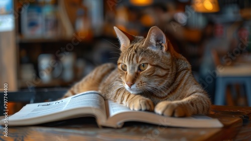 Relaxed Ginger Cat Resting on Open Book at a Cafe