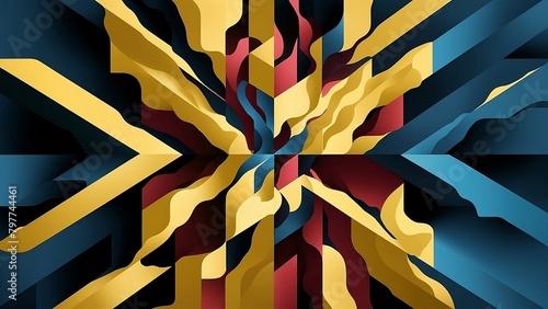 Abstract cubist artwork with yellow, dark red and blue color style and eye-catching shapes, amazing details, super quality and vibrant colors 