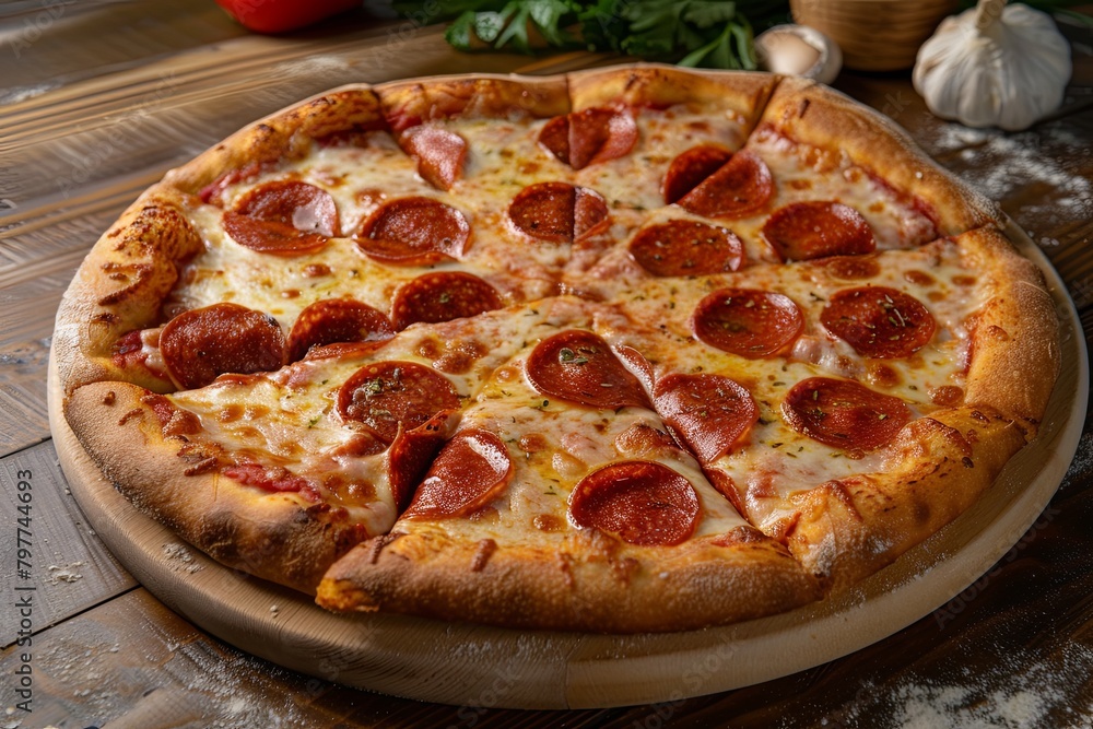 Freshly Baked Pepperoni Pizza with Rustic Charm - Ultimate Cheesy Delight