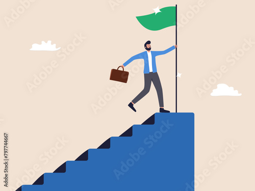 Businessman at the top of the stairs taking the victory flag