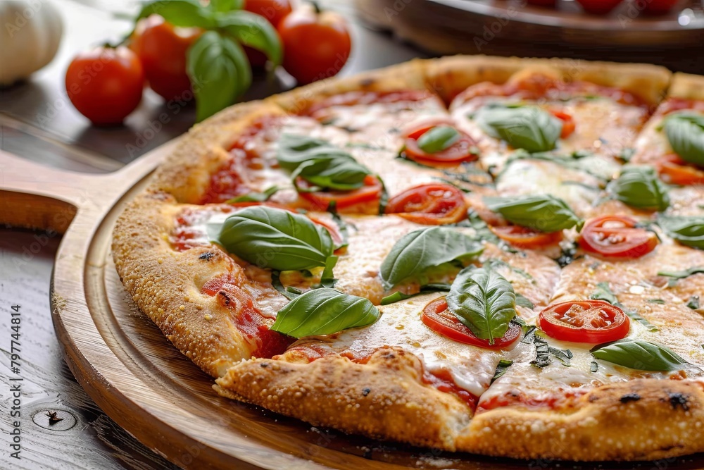 Freshly Baked Margarita Pizza with Basil - Rustic Dinner Setting Delicious Vegetable Toppings
