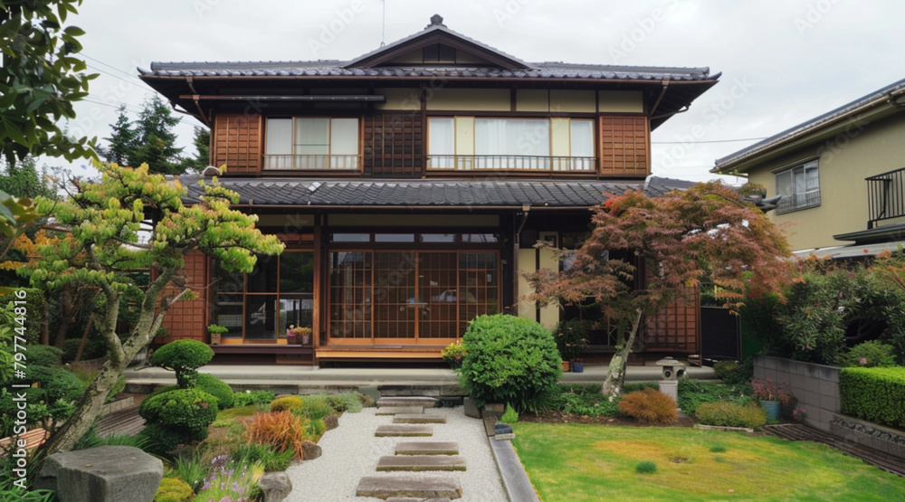 two houses that look exactly like each other, 1930s, japanese house, front yard very clean two houses that look exactly like each other, 1930s, japanese house, front yard very clean