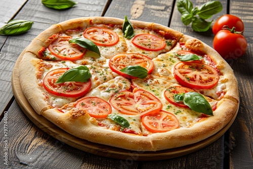 Freshly Baked Pizza with Fresh Tomatoes and Basil: Rustic Dinner Setting