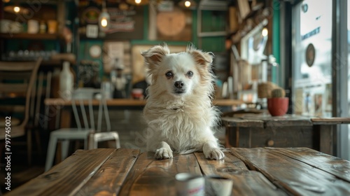 Cute Small Dog at a Rustic Cafe Table 