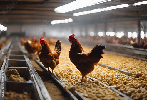 Poultry Farming: Hens Feeding in a Chicken Coop - Agricultural Livestock Scene